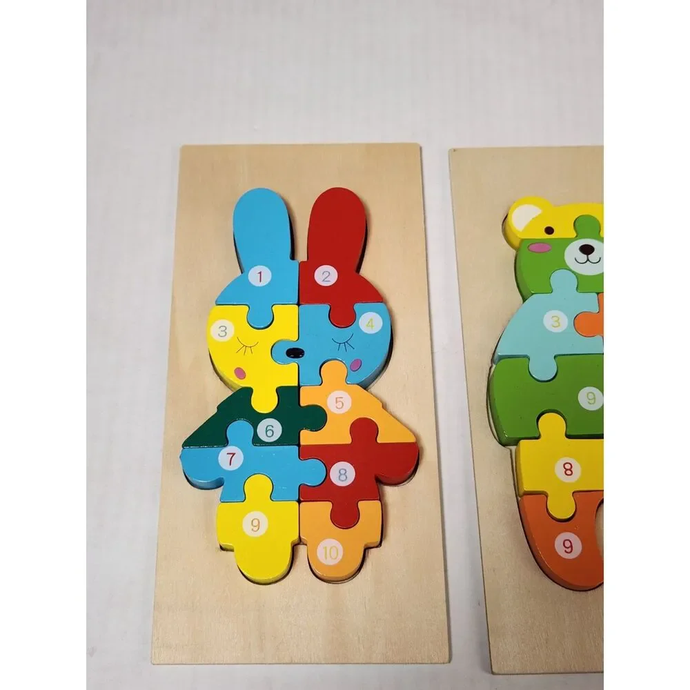 Lot of 4 Wooden Number Puzzles – Small Colorful Animal Learning Puzzles
